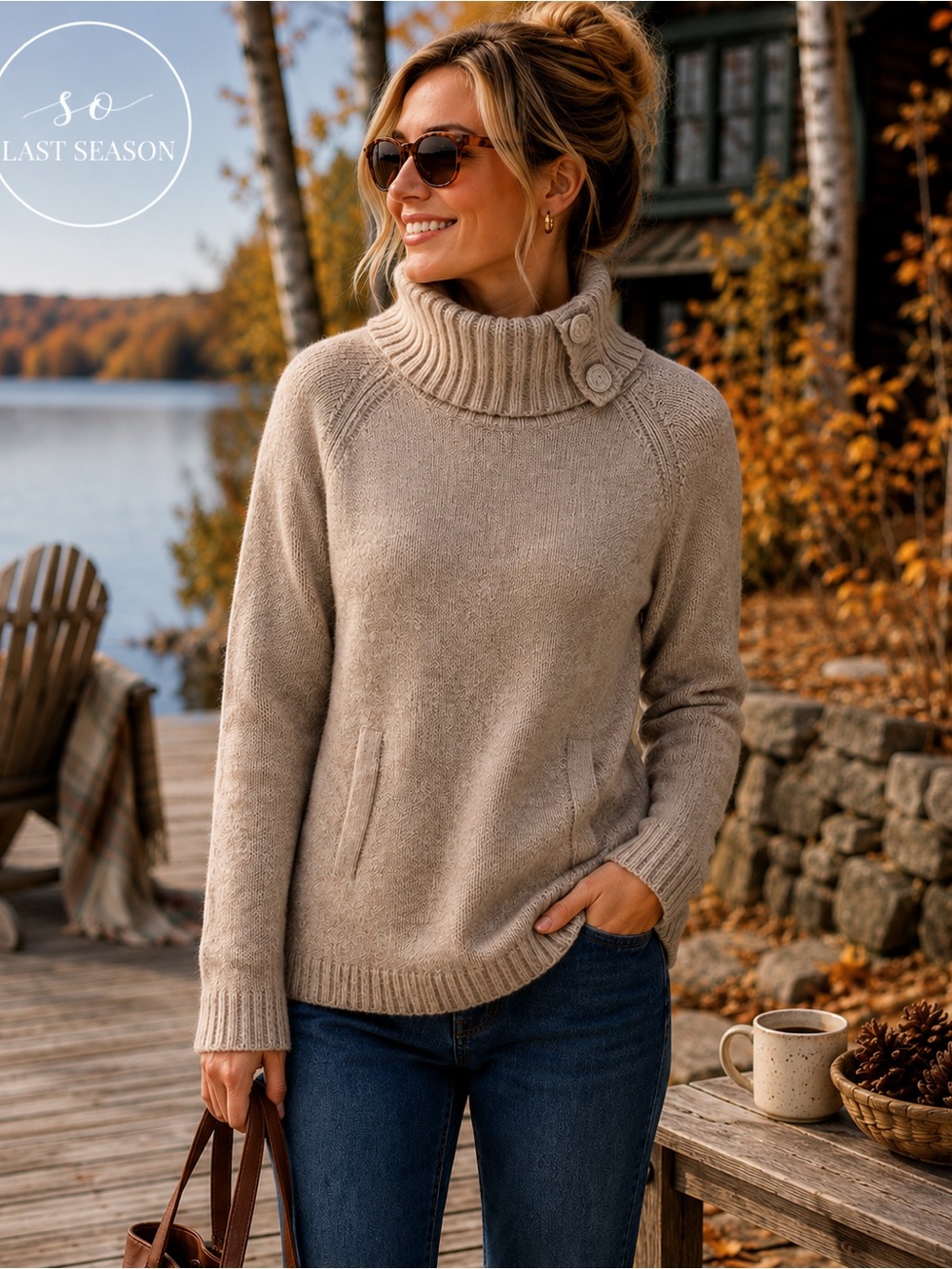 Olsen Wool Blend Button Funnel Neck Sweater Beige Women’s Size 6